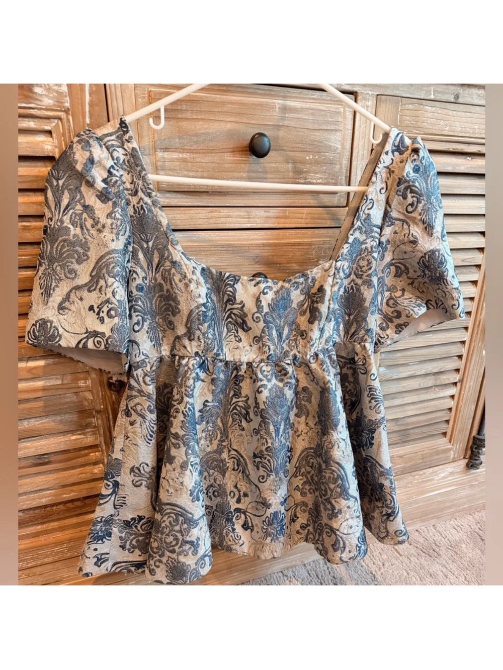 NWT Free People Eloise Blue Floral Peplum Puff Sleeve Boho Top (Size XS)